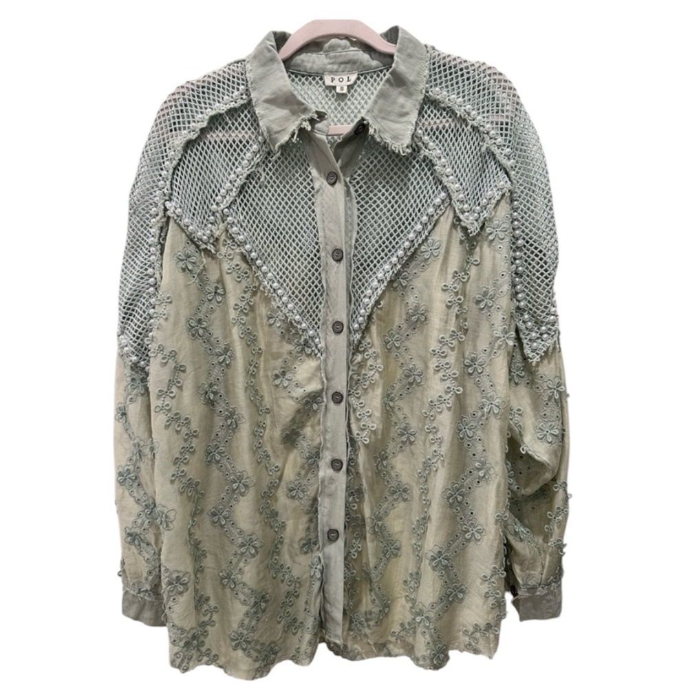 POL Sage Green Crochet & Embroidered Eyelet Pearls Button-Down Shirt - Picture 2 of 9